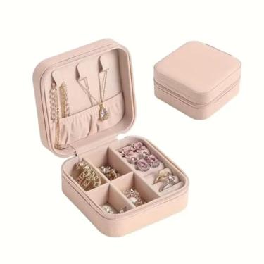 Imagem de Porta Jóias Viagem Portátil em PU, Organizador Compacto com Ganchos para Colares, Divisórias para Colares, Anéis e Brincos, 10x10x5cm,com Zíper Estojo Organizador de Joias para Viagem (Rosa)