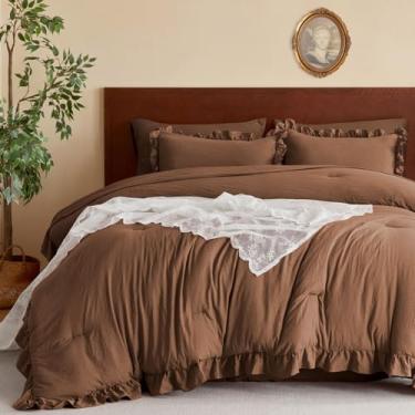 Imagem de MR&HM Conjunto de edredom solteiro para meninas, 5 peças, mousse de mocha, babados, cama vintage em uma bolsa com edredom, lençol de cima, lençol com elástico, fronhas e fronhas