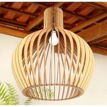 Imagem de Luminária Pendente de Madeira MDF 28x34 cm Preta – Lustre Decorativo Moderno para Sala, Quarto e Jantar (Cru)