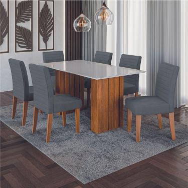 Imagem de Conjunto De Mesa Sala De Jantar Ripada Tampo Com Vidro Santiago 1,60m 6 Cadeiras Creta Dobuê Madeirado Grafite