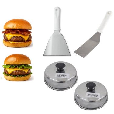 Imagem de Kit 1 Espátula Reta E 1 Curva + 2 Abafador De Hambúrguer