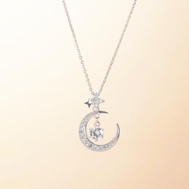 Imagem de Colar de estrela e lua para mulheres com pingente de zircão esmagado cintilante, presentes para esposa e namorada, banhado a ouro grosso, não mancha, Natal 40 + 5 cm, Medium, Cobre, Zircônia cúbica