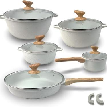 Imagem de Conjunto de Panelas de Cerâmica Antiaderente Revestido de Granito, 5 Peças, Cozinha Saudável, Livre de PFOA (Branco)