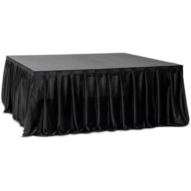 Imagem de Saia de palco portátil MyStage de 16' x 71.1 cm - Tecido de cetim preto resistente ao fogo adesivo para eventos, apresentações e encenação de casamento, pano de rodapé plataforma sem rugas de alta