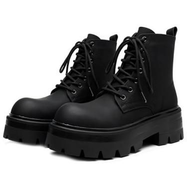 Imagem de CrazySavage Botas de combate masculinas de couro preto com cadarço plataforma larga bico redondo com zíper lateral salto grosso sola saliente bota de tornozelo confortável antiderrapante cano alto