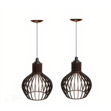 Imagem de Kit 2 Luminária Lustre Pendente Madeira Redondo Munique Cor Preto Bivo