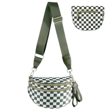 Imagem de Bolsa transversal quadriculada para mulheres, bolsa quadriculada de nylon, pochete grande, bolsa tiracolo, Verde/branco, One Size, Xadrez