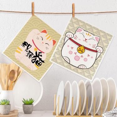 Imagem de 2 peças adoráveis panos de prato suecos para gatos japoneses, panos de prato suecos para cozinha e casa, panos de esponja de celulose super absorventes toalhas de limpeza, toalhas de papel