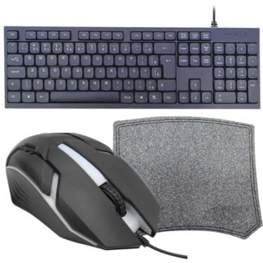 Imagem de Kit Teclado USB para Computador Padrão ABNT2 Preto + Mouse Óptico Gamer Com Fio 1600dpi + Mouse Pad Gamer Sem Costura Base Emborrachada Antiderrapante Mousepad 300x250mm