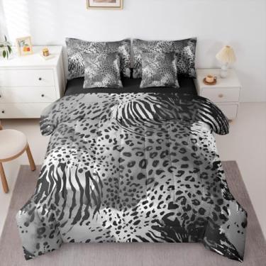 Imagem de Erosebridal Jogo de cama casal com estampa de leopardo de guepardo, 7 peças, rústico, preto, cinza, com tema de pele de animal, casa de fazenda, animal africano, para adolescentes, homens e mulheres