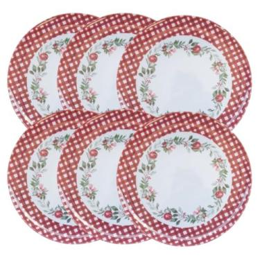 Imagem de Yangzi - Jogo 6 Pratos de Jantar Natalino Melamina Folhagens, Azevinhos e Romã Borda Xadrez Bordô Fosco 27,5cm