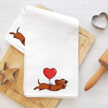 Imagem de Toalhas de cozinha fofas de dachshund de desenho animado, toalha de prato decorativa de microfibra absorvente de balão de coração, toalhas de mão de waffle para cozinha, casa, banheiro, presentes para