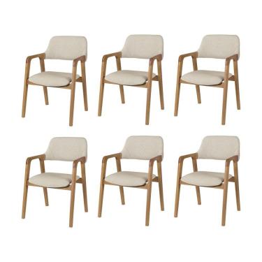 Imagem de Kit 6 Cadeiras De Jantar Ruth Estrutura Em Madeira Maciça Estilo Retrô Linho Bege Claro