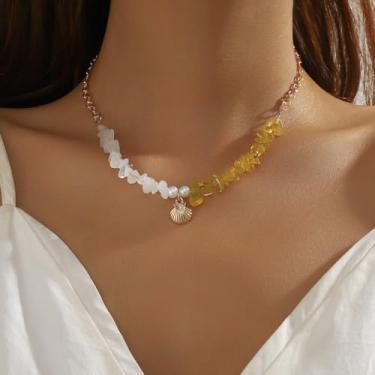 Imagem de Colar feminino com pingente de concha dourada com contas de pedras preciosas, gargantilha de cristal meio amarelo, colar boêmio em camadas para presente