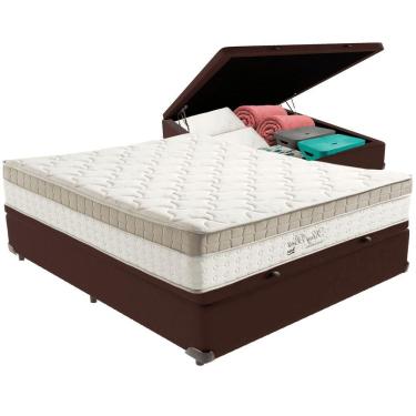 Imagem de Cama Box Baú Marrom E Colchão King Best Bege Molas Ensacadas Casal Anjos