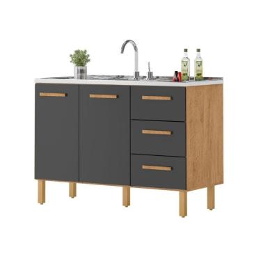 Imagem de Balcão Fortaleza 3 Gavetas Para Pia 1,20 Mt Amêndoa Grafite