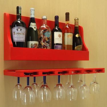 Imagem de Porta Taças E Prateleira Adega Para Vinhos Garrafas Bar Vermelho Laca