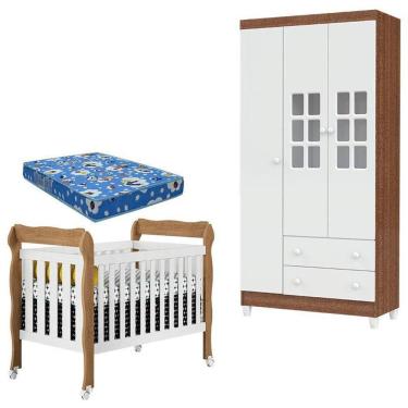 Imagem de Berço Lila E Guarda Roupa Mariah 3 Portas Branco Acetinado Amadeirado Com Colchão – Carolina