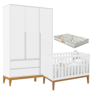 Imagem de Berço Americano Unique E Guarda Roupa 3 Portas Nature Clean Branco Soft Eco Wood Com Colchão Gazin – Matic