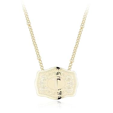 Imagem de Colar com pingente de letra inicial banhado a ouro 14K com fivela de cinto em relevo, compre 1 e ganhe 2 correntes, colar personalizado para mulheres, 18 inches +2 inches extender, Liga de aço, Sem