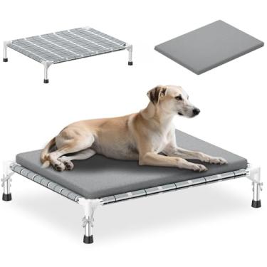Imagem de Cama elevada elevada para cães ao ar livre – Cama de cachorro levantada para fora com tapete de almofada, cama de rede para cães com moldura de aço inoxidável, cama portátil para animais de estimação