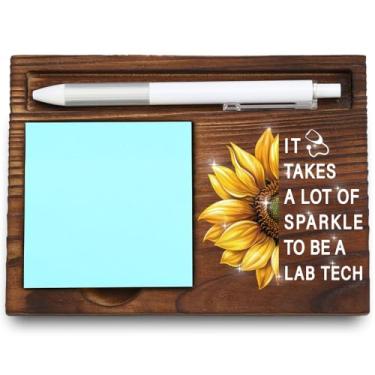 Imagem de Presente Lab Tech para mulheres, porta-notas adesivas de madeira de girassol com citação motivacional, organizador de mesa para técnicos de laboratório, 16 × 12 × 0,8 polegadas, LQQ130