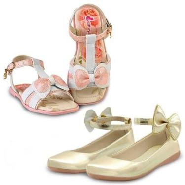 Imagem de Kit 2 Pares de Sapatilha Esportiva Menina Dourada e Sandália Infantil Laço Rosa Mz Shoes-Feminino