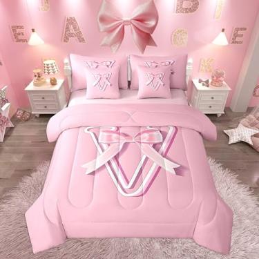 Imagem de jejeloiu Conjunto de cama com laço rosa, tamanho solteiro, presentes personalizados para meninas adolescentes, letra V, conjunto de 7 peças, cama ultra macia com monograma em uma bolsa com edredom,