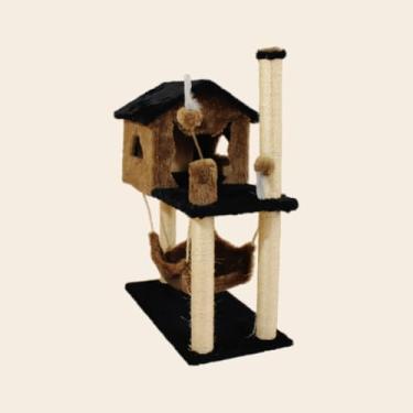 Imagem de Casa de Gato，Cama para Gato Dormir，Inclui Uma Rede e Dois Brinquedos，Perfeito para o Seu Animal de EstimaçãO Descansar e Brincar(MARROM CLARO)