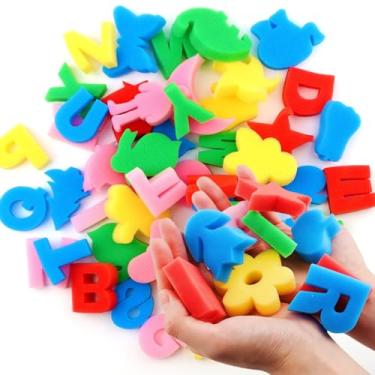 Imagem de 50 peças de formas de pintura de esponja - letras do alfabeto e esponjas de padrão sortido, pintura DIY colorida formas de flores de animais para crianças que aprendem cedo, suprimentos de artesanato