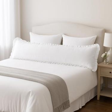 Imagem de Fronha Empire Linen com babados | Tecido de cetim de algodão | Macio e respirável com zíper oculto | Capa de almofada decorativa com babados simples | Branca, 50 x 182 cm