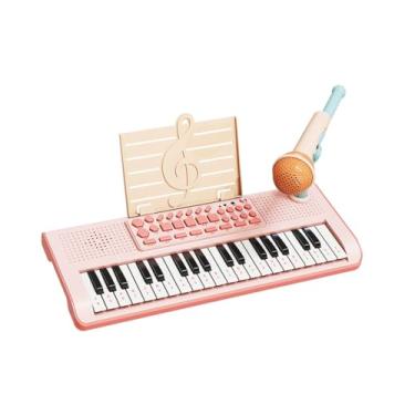 Imagem de harayaa Teclado de piano infantil eletrônico, brinquedo musical educativo para crianças, ideal para uso doméstico, com microfone integrado, Rosa