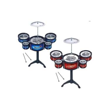 Imagem de Mini Bateria Infantil Musical com 5 Tambores, Prato Metálico, 2 Baquetas, Plástico e Metal, 45x38x19cm, Vermelho/Azul, para Crianças Acima de 3 Anos