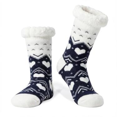 Imagem de LIGHT DOT Meias femininas de inverno com forro de lã de ovelha, estampa de coração nevado, antiderrapante, confortável, macia, quente, presente de Natal, Azul marino, 6-10