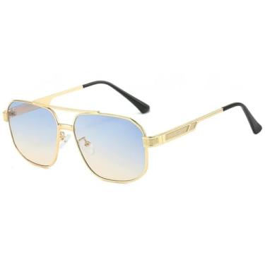 Imagem de JRLLFD Óculos de sol de metal com armação grande e feixe duplo, luxuosos para mulheres e homens, para pesca ao ar livre, UV400 (dourado, azul, chá)