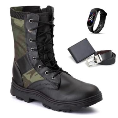 Imagem de Bota Coturno Militar Tática Resistente de Couro Impermeável Resistente Com Zíper Ajustável + Carteira Cinto e Relogio