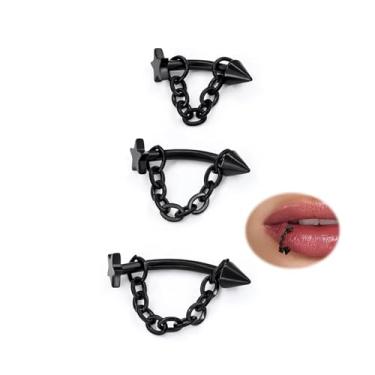 Imagem de ALACLO 3 peças de aço inoxidável 316L 16G Tragus Helix Rook Piercing Joia com corrente, brincos de cartilagem para mulheres, piercing de umbigo vertical labret lábio, joia cone estrela top (preto)