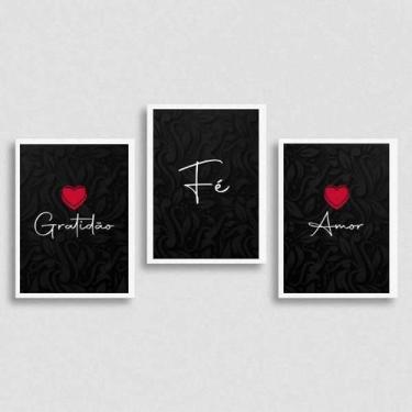 Imagem de Kit 3 Quadros Amor, Fé, Gratidão Preto 45X34 Com Vidro Preta - Quadros