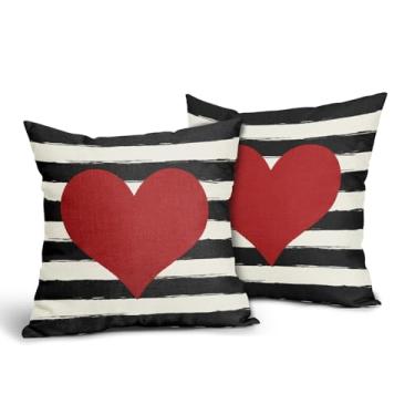 Imagem de Conjunto de 2 capas de almofada para o dia dos namorados 45,7 x 45,7 cm com listras vermelhas pretas e brancas de algodão e linho decorativas, capas de almofada para o dia das mães, para quarto, sofá