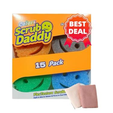 Imagem de Conjunto de esponjas - Cores variadas - Esponja de prato multiuso sem arranhões (pacote com 15) e panos de prato de cozinha 100% algodão Waffle Weave (pacote com 2 unidades) para cozinha, banheiro