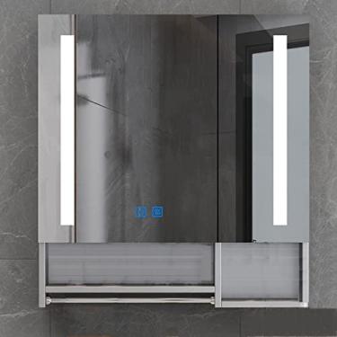 Imagem de SPXMQSS Armários de espelho de banheiro, gabinete com espelho de LED, inteligente, antiembaçamento, lâmpada de beleza com prateleiras, armários de banheiro com luzes, barra de toalha montada na parede