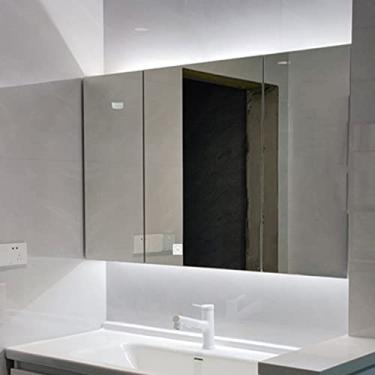 Imagem de SPXMQSS Armário de banheiro de LED, armários de banheiro com espelho luz ambiente interruptor de tela sensível ao toque com orifício de papel armários de banheiro com luzes montadas na parede unidades