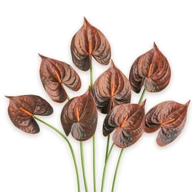 Imagem de MOEFAL Plantas artificiais de antúrio, flor de enchimento de poliuretano de 8 peças, hastes de vegetação sintética rosa para buquês de casamento e centros de mesa, arranjos florais falsos para chá de