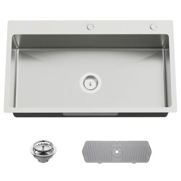 Imagem de Pia de cozinha de 83 x 48 cm - Pia de cozinha de aço inoxidável moderna de tigela única vem com tapete de silicone, conjunto de filtro de drenagem oferece grande bacia e compatibilidade com vários