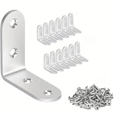 Imagem de 10 suportes em L de aço inoxidável resistente – 4 cm x 4 cm suportes de canto de ângulo reto com 48 parafusos, para móveis, estrutura de cama, armário, gaveta, cadeira, conjunto de gabinete