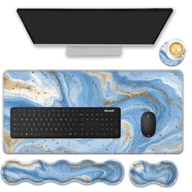 Imagem de FGDRFGRW Conjunto de mouse pad, (31,5 × 4,8 pol.) Pad de mesa + suporte de apoio de pulso para teclado + descanso de pulso para mouse + descanso para o pulso + porta-copos para escritório, casa, computador, laptop - 4 mármore azul-petróleo