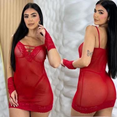 Imagem de Camisola Sensual Tule E Renda Sexy Com Luvas e Calcinha Fio Completo -