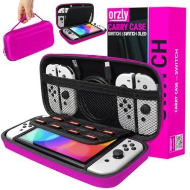 Imagem de Orzly Capa de transporte compatível com Nintendo Switch e Novo Switch OLED Console - Capa de transporte portátil resistente rosa com bolsos para acessórios e jogos