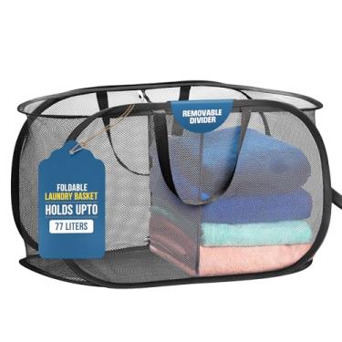 Imagem de Cesto de lavanderia dobrável - pop-up e dobrável, material de malha durável, dobra para armazenamento, alças fáceis de transportar. Ótimo cesto para dormitório universitário, lavanderia ou viagem