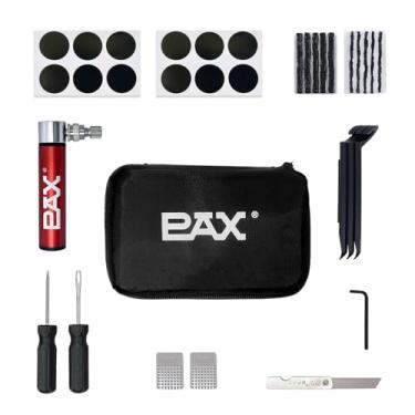 Imagem de PAX Bolsa de ferramentas de reparo de pneu de bicicleta de 33 peças com 1 mini bomba de ar, 12 adesivos sem cola e 2 amortecedores de metal, 10 tiras de plugue de pneu e 1 ferramenta de alça de olho